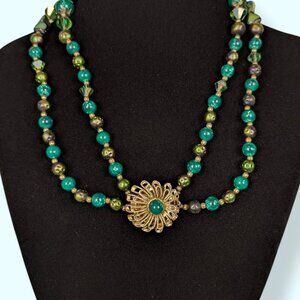 V. 2-Strand Green Beaded Statement Necklace